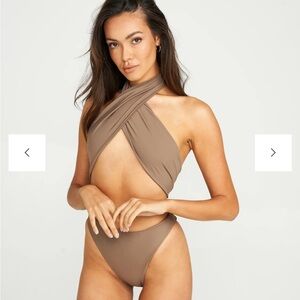 Cross Halter Bikini Top and High Cut Bottom in Taupe